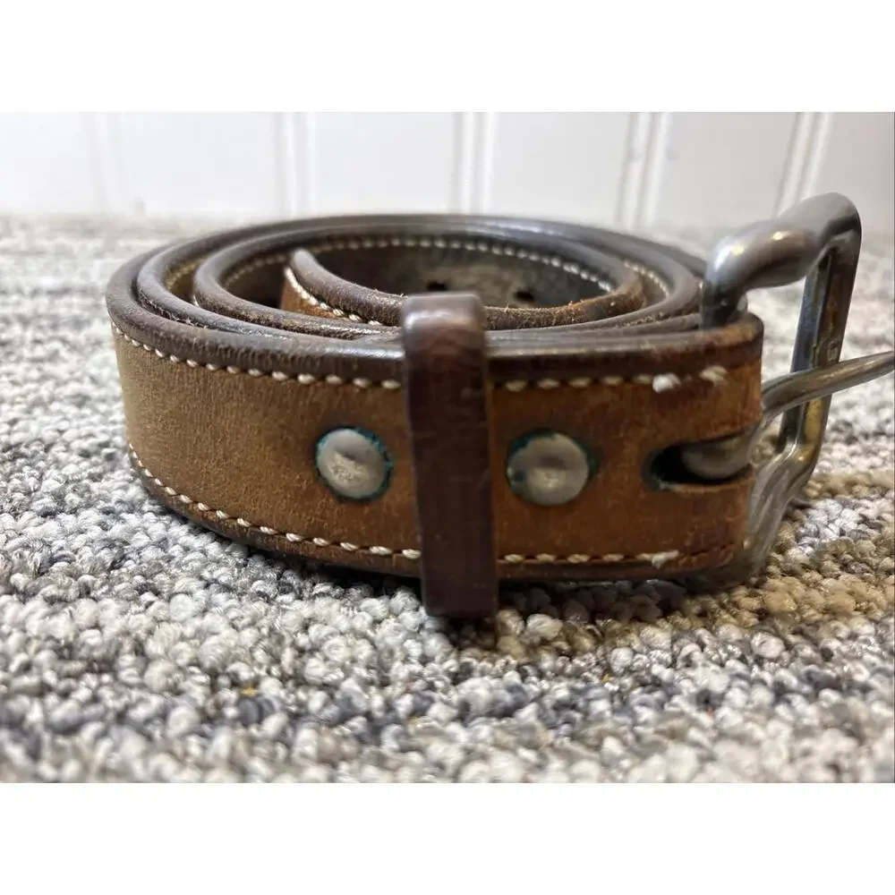 Vintage Handmade Brown with White Stitching Thick Belt 100% Leather 42 X 1.5”
